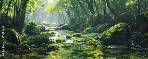 A lush green forest with a river running through it. The water is calm and clear  and the trees are tall and dense. Scene is peaceful and serene  with the natural beauty of the forest