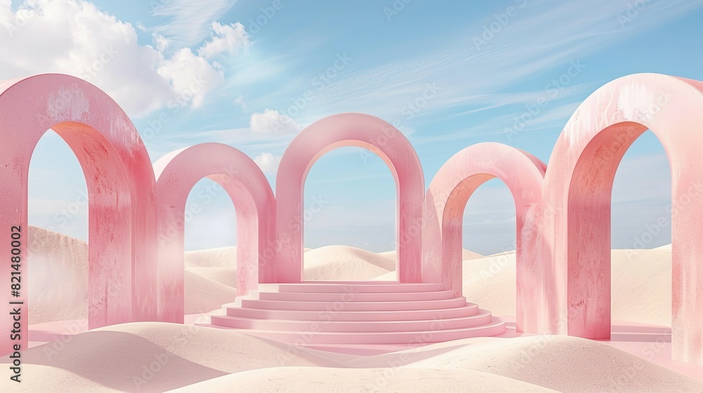 Fototapeta premium 3D Render: Abstract Surreal Pastel Landscape with Arches and Product Podium