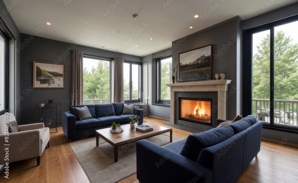 Modern professional photograph of a navy blue and silver luxury living room interior with floor-to-ceiling windows and a cozy fireplace Modern professional photograph of a navy blue and silver luxury living room interior with floor-to-ceiling windows and a cozy fireplace