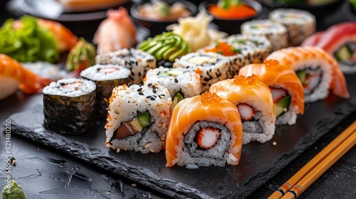 Various sushi rolls artfully arranged on a slate with ginger, wasabi, and chopsticks, showcasing Japanese cuisine