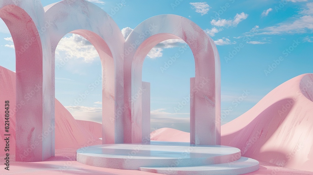 Fototapeta premium Surreal Pastel Landscape: 3D Render with Arches and Product Podium