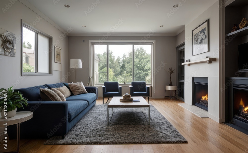 Modern professional photograph of a navy blue and silver luxury living room interior with floor-to-ceiling windows and a cozy fireplace Modern professional photograph of a navy blue and silver luxury living room interior with floor-to-ceiling windows and a cozy fireplace