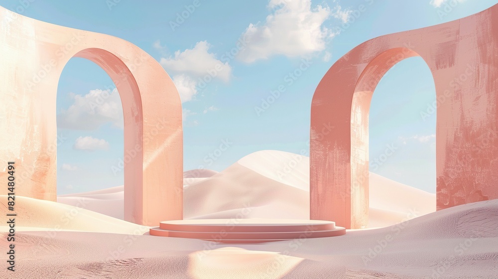 Surreal Pastel Landscape: 3D Render with Arches and Product Podium Surreal Pastel Landscape: 3D Render with Arches and Product Podium