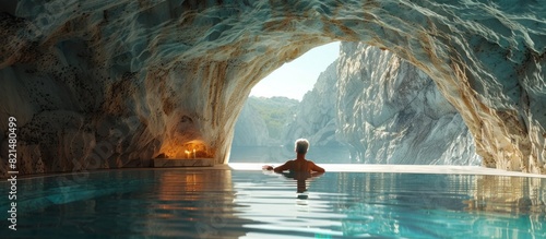 Tranquil Elderly Woman Seeking Solitude in a Hidden Cave Pool Illuminated by Natural Light photo