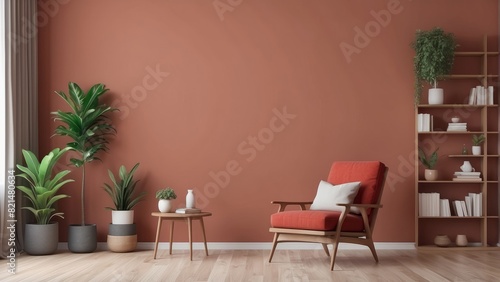 Empty wall mock up with chair, shelf with books and plant in vase in Red Clay living room interior © Dhiandra