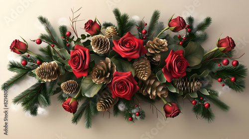 psd with transparent red roses and pine cones on a isolated background
