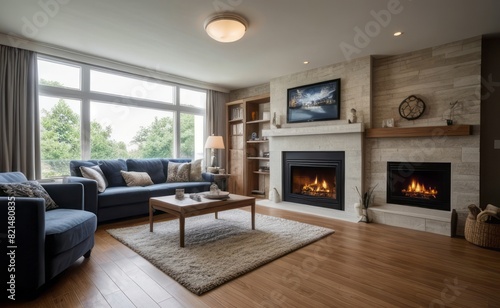 Modern professional photograph of a navy blue and silver luxury living room interior with floor-to-ceiling windows and a cozy fireplace