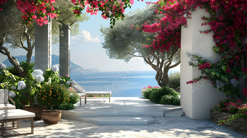 high quality transparent psd  a serene outdoor setting featuring a white chair and bench surrounded by lush greenery, including a tree and bush, with a backdrop of blue water and a white