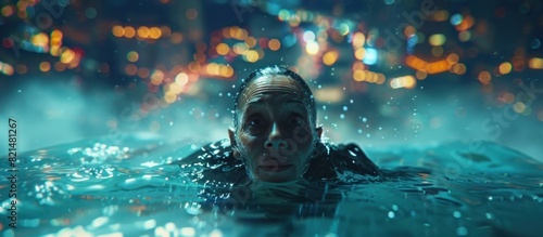 Elderly Woman Finds Adventure in a Nighttime Pool High Above the Citys Radiant Skyline