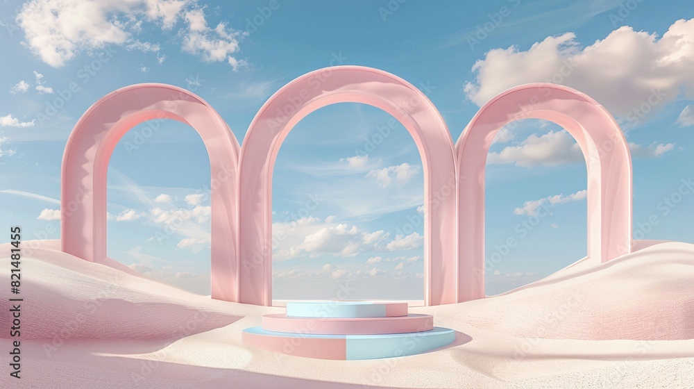 3D Render Pastel Landscape: Arches and Podium, Blue Sky and Clouds 3D Render Pastel Landscape: Arches and Podium, Blue Sky and Clouds