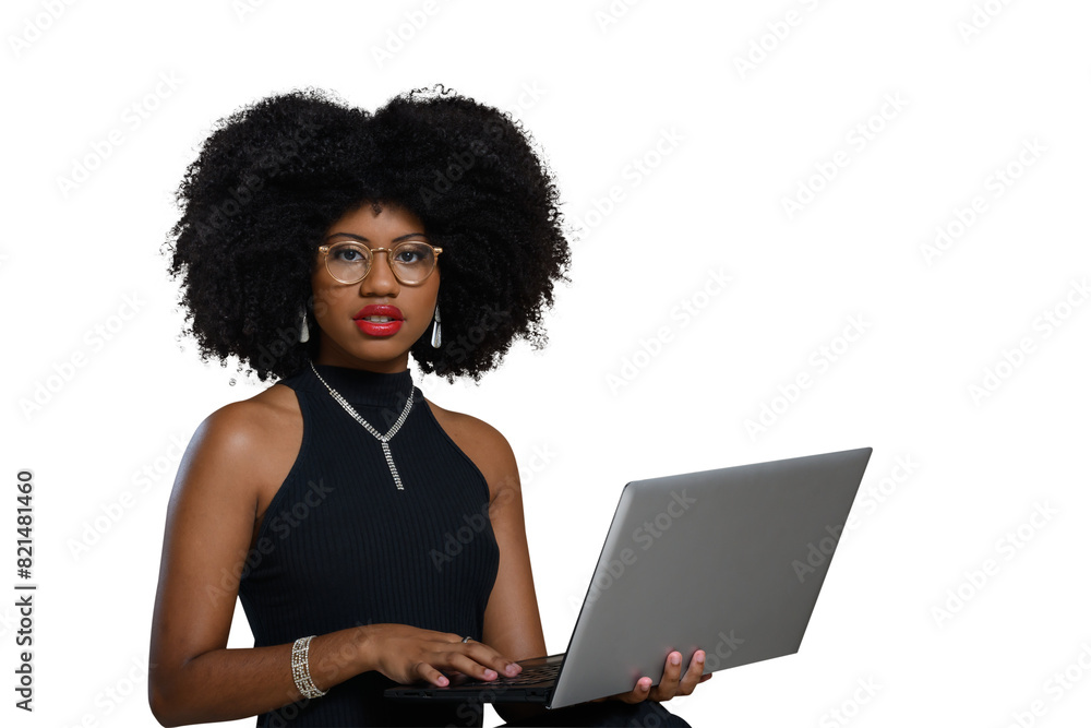 woman holding laptop computer typing on keyboard looking at camera, black woman woman holding laptop computer typing on keyboard looking at camera, black woman