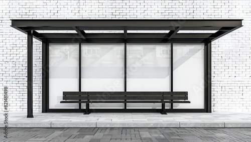 A mockup of an empty bus stop with large glass windows and a black bench