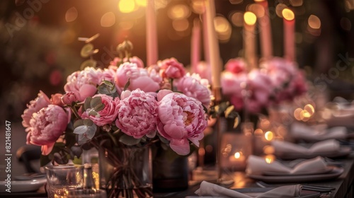 On the table for the wedding celebration is a floral garland made of pink and eucalyptus flowers. Italian meal. © JovialFox