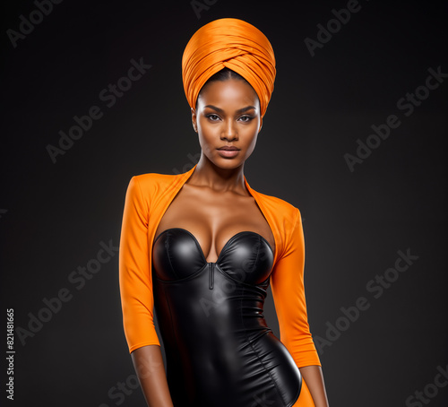 woman with an orange head wrap and black leather dress poses for a photo.