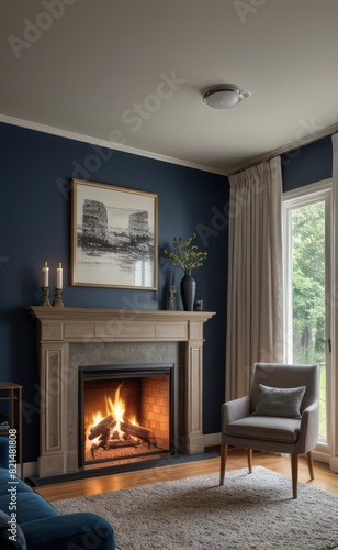 Modern professional photograph of a navy blue and silver luxury living room interior with floor-to-ceiling windows and a cozy fireplace