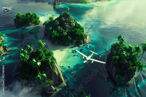 plane is seen flying around two islands with palm trees, in the style of vray, australian tonalism, kushan empire, eerily realistic, clean-lined, coastal views, hyper-realistic water