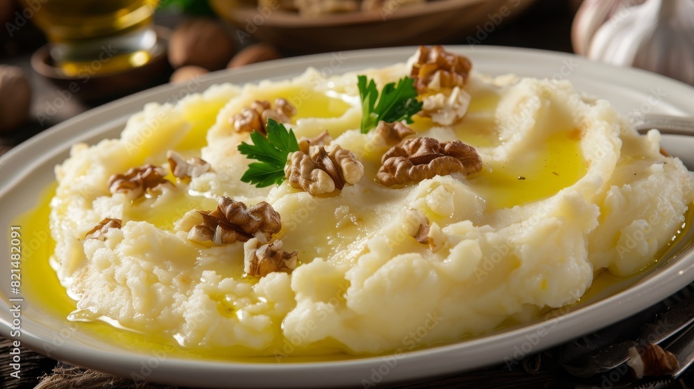 Plate of mashed potatoes with chopped walnuts and parsley Plate of mashed potatoes with chopped walnuts and parsley