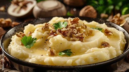 Plate of mashed potatoes topped with nuts and parsley