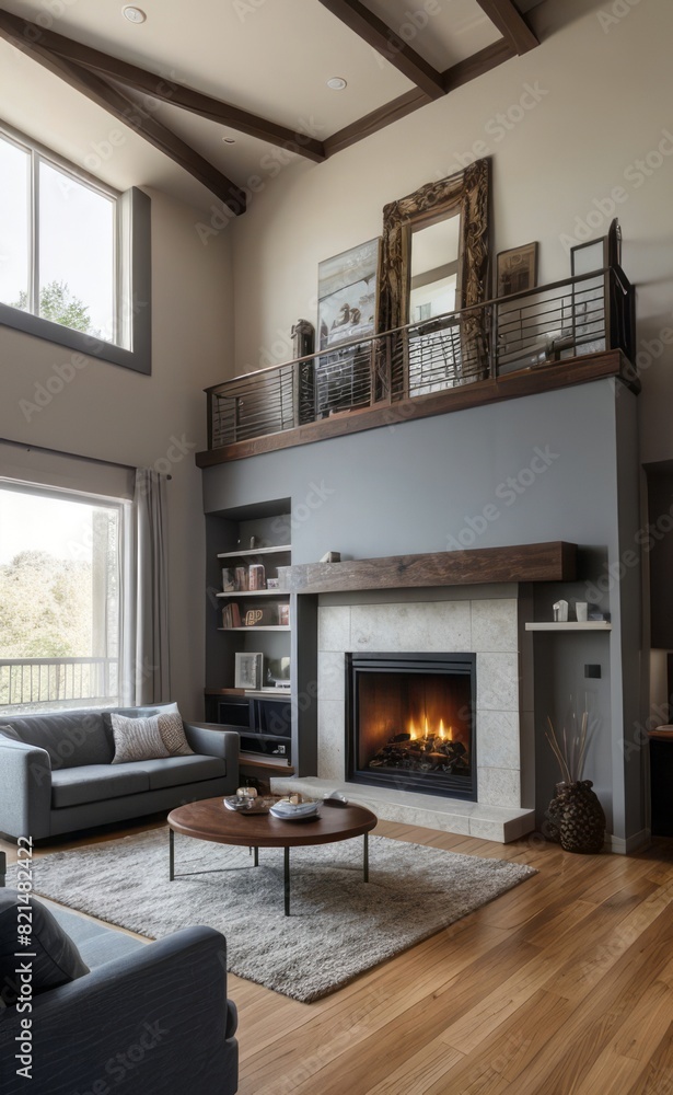 Modern professional photograph of a navy blue and silver luxury living room interior with floor-to-ceiling windows and a cozy fireplace Modern professional photograph of a navy blue and silver luxury living room interior with floor-to-ceiling windows and a cozy fireplace