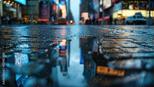A photo of the city streets of New York, with reflections on puddles and lights in buildings