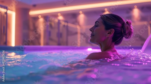 LED Illuminated D Rendering of an Elderly Woman Experiencing Peace and Comfort in a Pool with Dynamic Water Jets