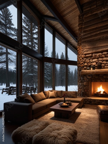 A double-height ceiling living room with a large, floor-to-ceiling window on one side log cabin
