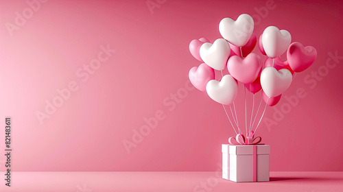 Lots of pink and white heart shaped balloons fly out of a gift box, studio lighting, solid pink background, valentine's day background