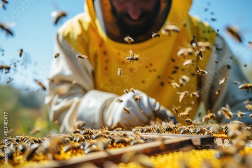 Harmony in Nature: Beekeeping Enthusiast Maintains a Hive and Manages a Swarm of Bees, Ensuring Sustainable Honey Production and Pollination.