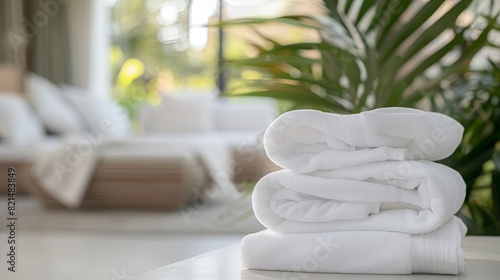 Stacked white towels on table with blurred living room background for product display montage.