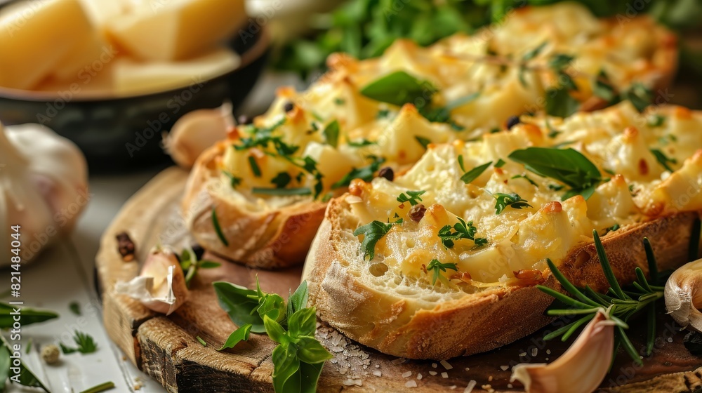 Tasty bread with garlic cheese and herbs on kitchen table. Copy space image. Place for adding text Tasty bread with garlic cheese and herbs on kitchen table. Copy space image. Place for adding text