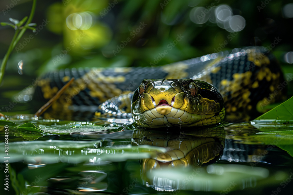 Anaconda snake swimming in a swamp, a captivating scene of reptilian danger, illustrating the majestic and perilous wildlife environment Anaconda snake swimming in a swamp, a captivating scene of reptilian danger, illustrating the majestic and perilous wildlife environment