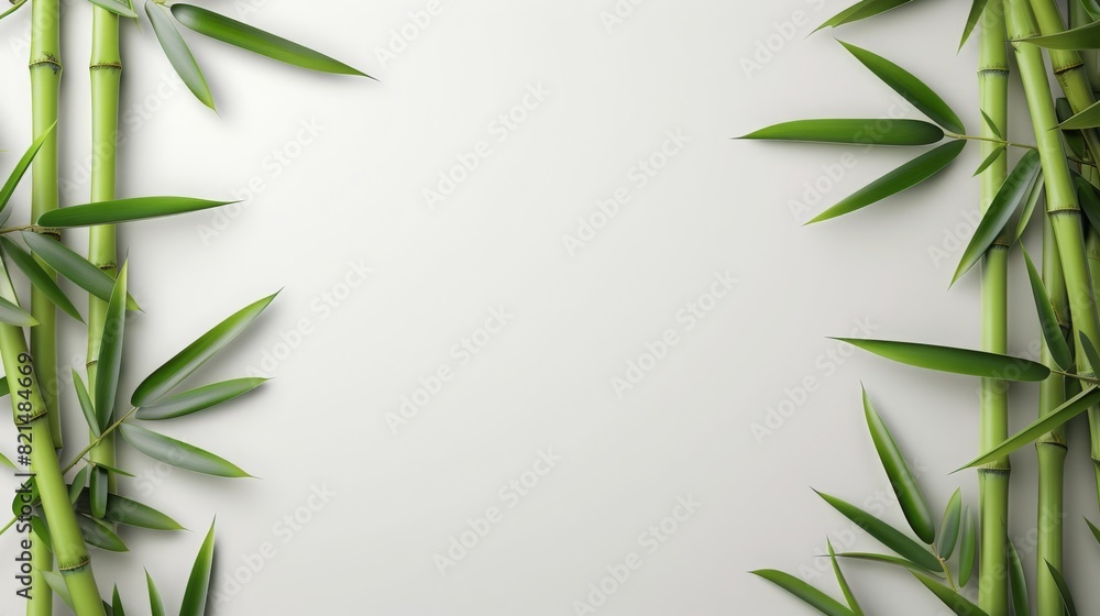 Top view of green bamboo stem and leaves on light background with space for text Top view of green bamboo stem and leaves on light background with space for text