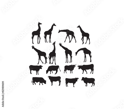 Cow and Giraffe Silhouettes, art vector design photo