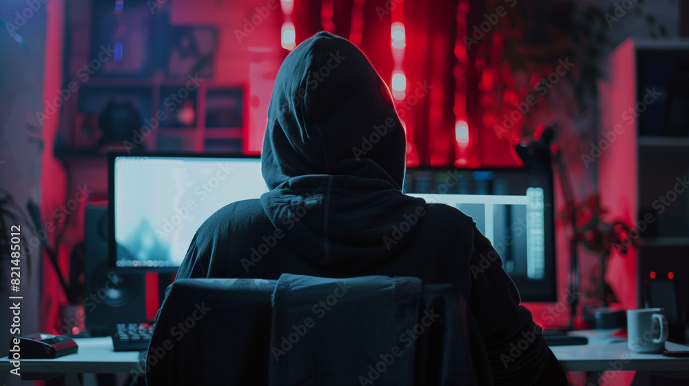 Hacker Sitting at Desk Working on Computer Hacker Sitting at Desk Working on Computer