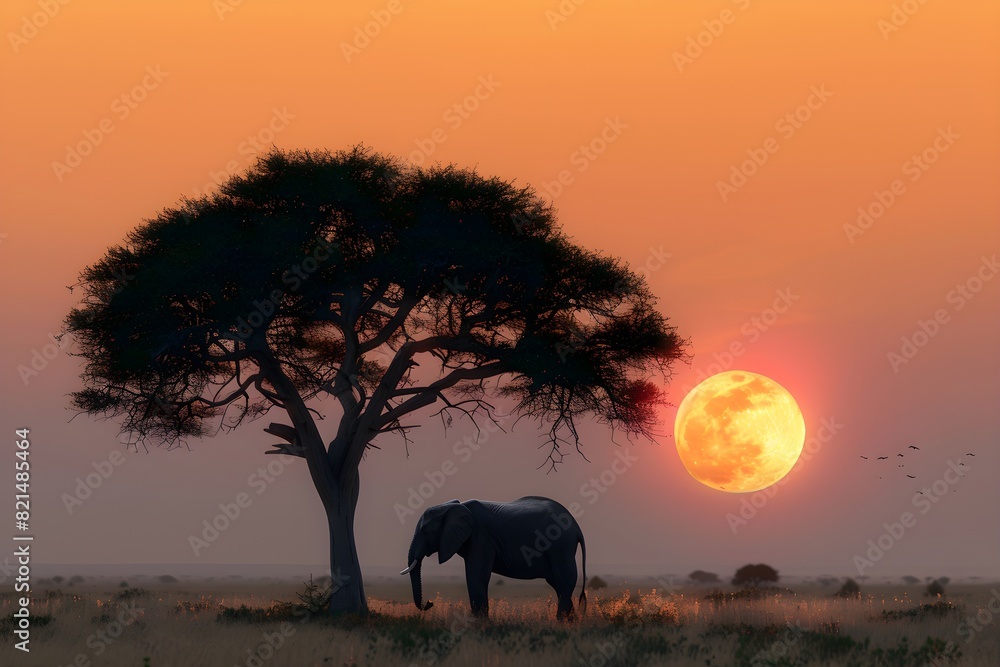 Fototapeta premium silhouette of an elephant at sunset, on safari, against the background of trees, African animals