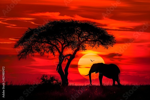 silhouette of an elephant at sunset, on safari, against the background of trees, African animals © Siarhei
