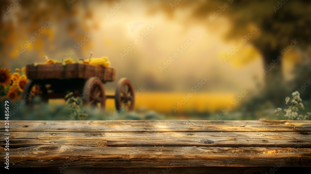 Wooden table with blurred farm background on harvesting season. Flawless . generative ai Wooden table with blurred farm background on harvesting season. Flawless . generative ai
