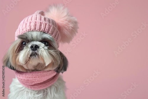 adorable shih tzu dog in winter outfit isolated on pastel background 3d illustration photo