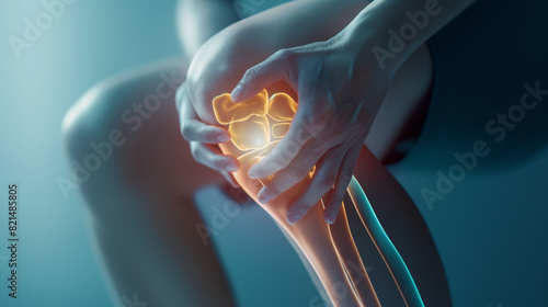 A close-up of a person holding their knee with a highlighted joint, indicating knee pain or injury.