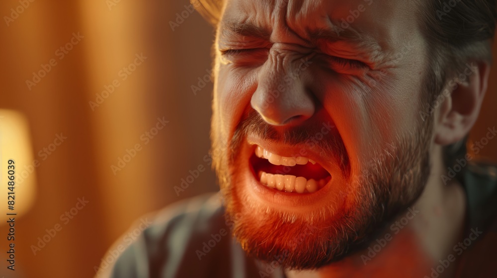 A man with a beard grimacing in pain, holding his jaw, illuminated by warm indoor lighting. A man with a beard grimacing in pain, holding his jaw, illuminated by warm indoor lighting.