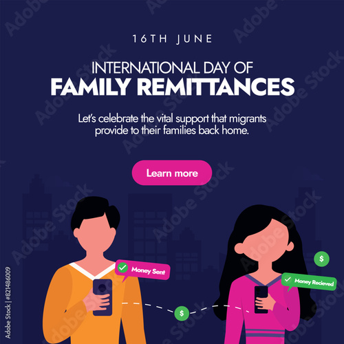 International day of Family remittances. 16th June International day of family remittances banner, post with boy sending money online to a girl. The day appreciate people who support their families.