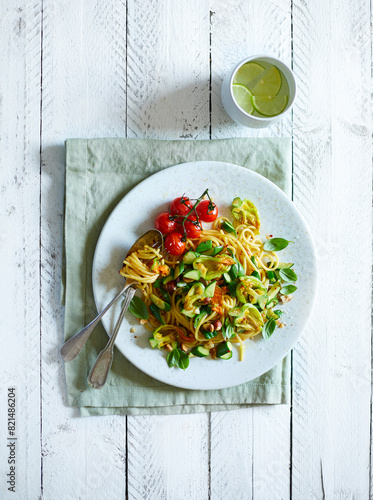 Fried zucchini flowers, fried cherry tomatoes, basil and chopped hazelnuts served with spaghetti on a white wooden background photo