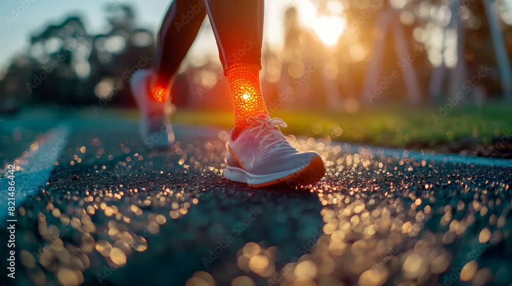 Close-up of a person walking on a wet pathway at sunset, with glowing red areas indicating pain in their ankles. Close-up of a person walking on a wet pathway at sunset, with glowing red areas indicating pain in their ankles.