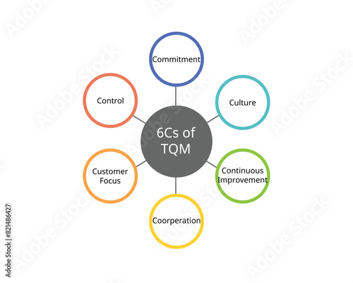 6 Cs Of TQM or Total Quality Management for Commitment, culture, customer focus, Continuous improvement, cooperation, control