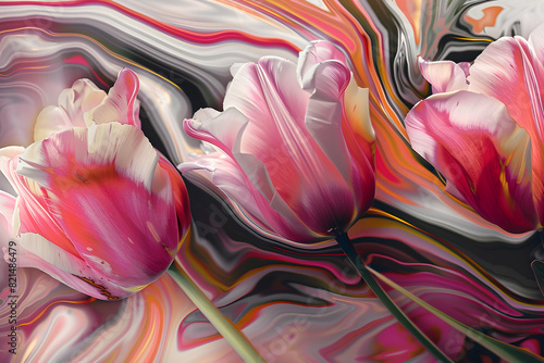 Vibrant and luxurious abstract spring tulips in fluid art style, perfect for decoration and artistic inspiration. #821486479