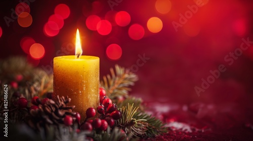 A yellow candle surrounded by pine cones  red berries  and green pine branches  set against a festive red background with bokeh lights.