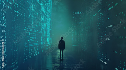 Man Walking Through a Tunnel of Data