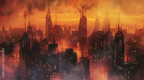A cityscape with towering buildings radiating intense heat, creating an urban heat island effect.