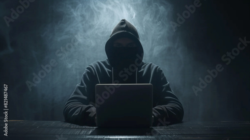 Hooded Hacker Man Using Laptop at Table