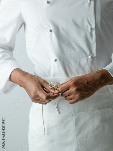 Chef tying apron in chefs whites